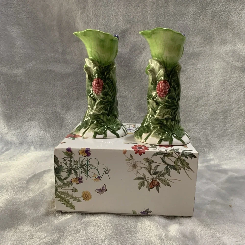 Studio Nova Garden Bloom Ceramic Candlesticks 2 Raspberry Berry Leaf Design‎